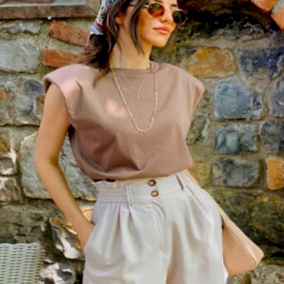 Blanc Clothing Sleeveless Top Dusty Rose / Mauve Crew Neck Shoulder Padded - Picture 2 of 5